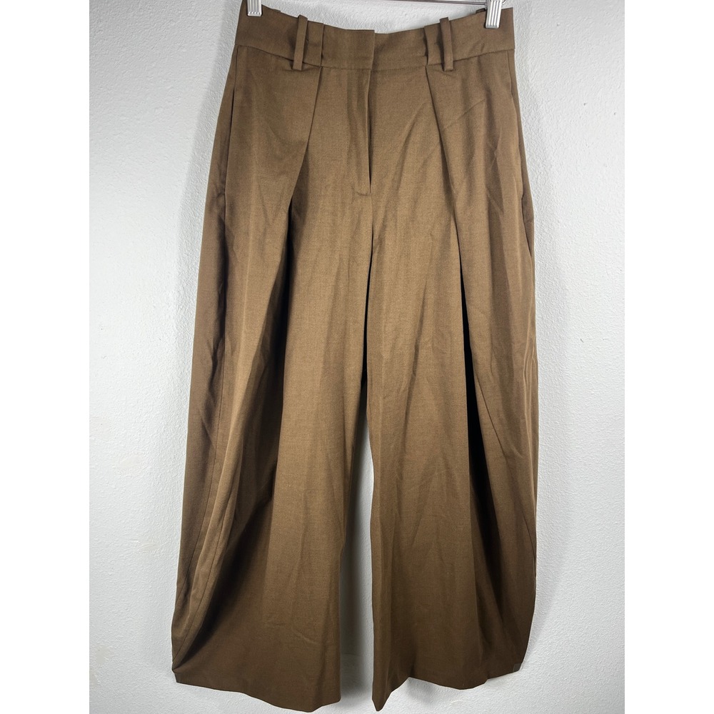 Zara Womens Wide Leg Pants Brown Small High Waisted Pleated Trousers Business